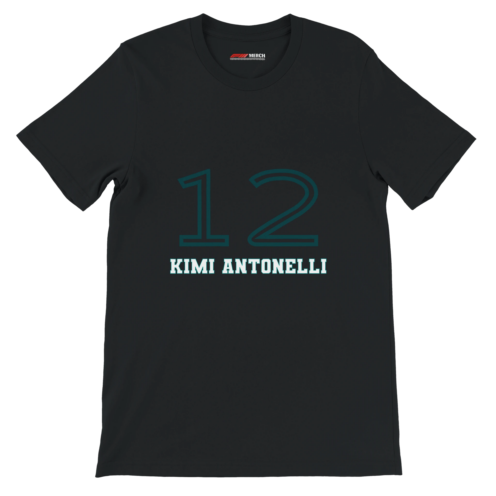 f111 merch black color t-shirt1 with kimi-antonelli branding.