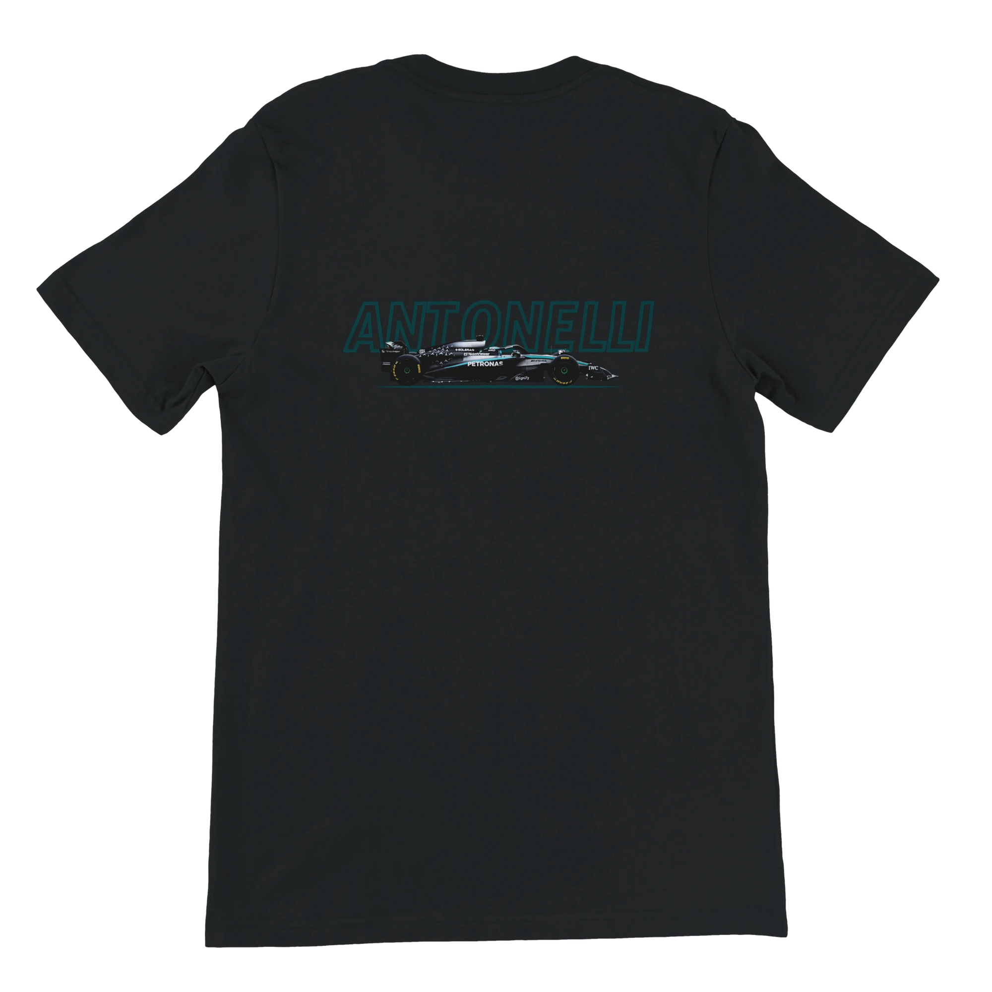 f111 merch black color t-shirt1 with kimi-antonelli branding.