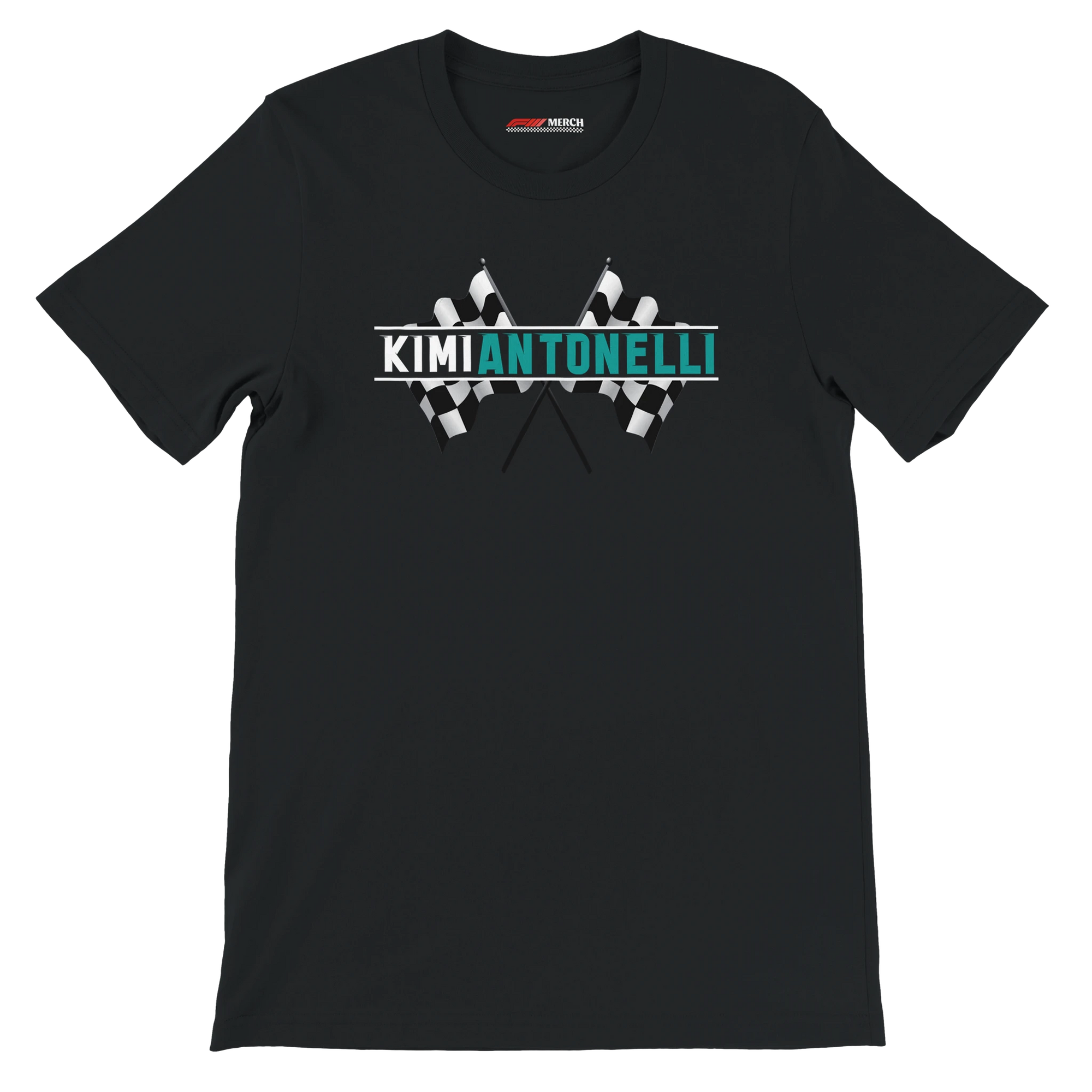 f111 merch black color t-shirt1 with kimi-antonelli branding.