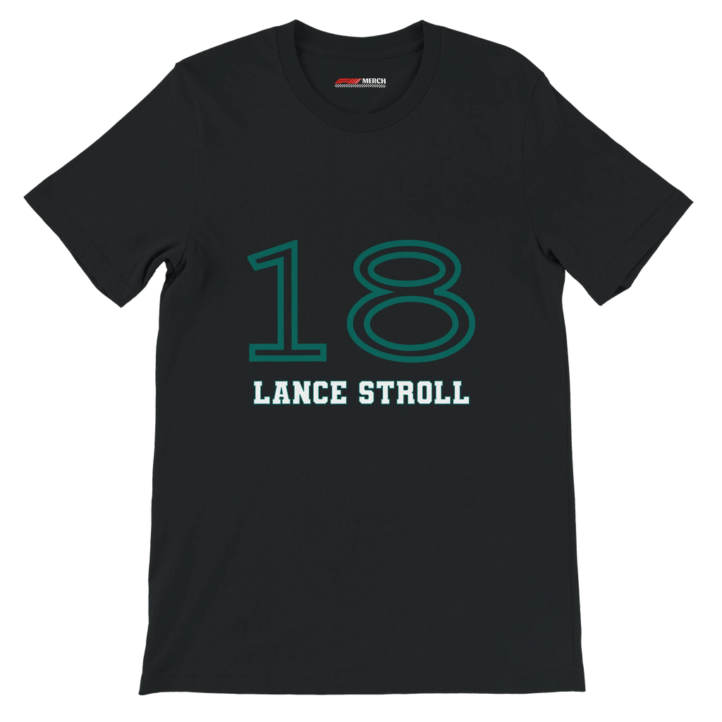 f111 merch black color t-shirt1 with lance-stroll branding.