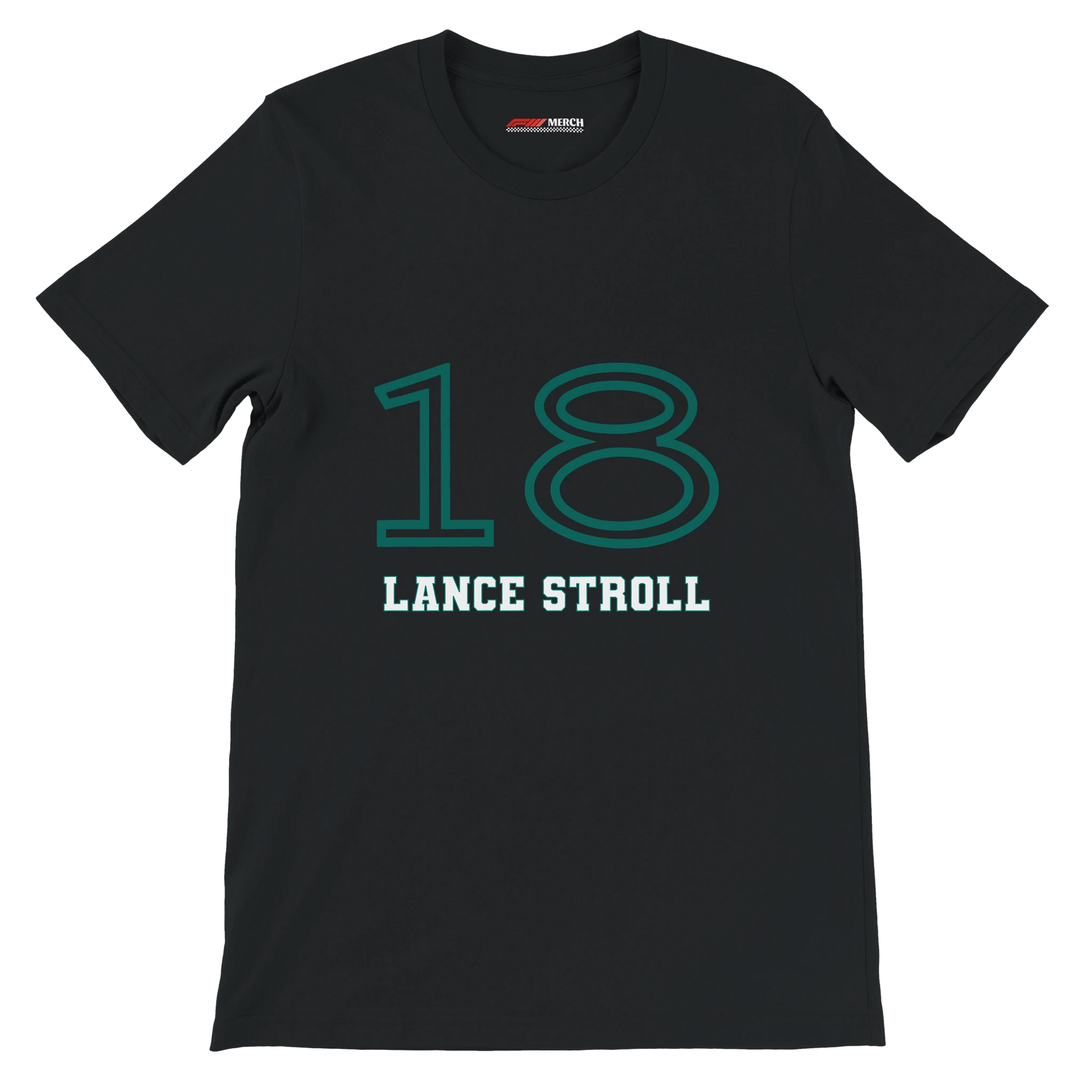 f111 merch black color t-shirt1 with lance-stroll branding.