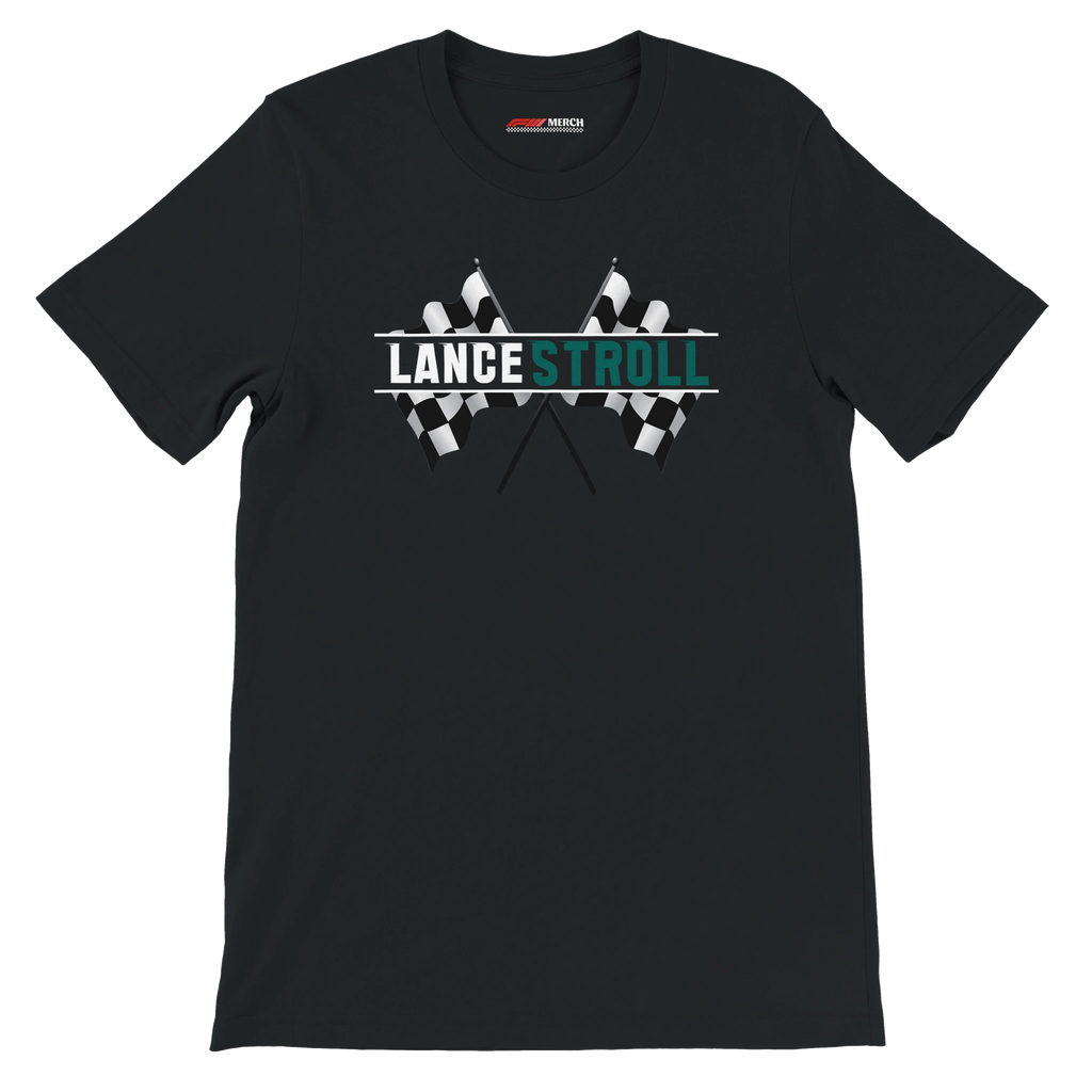 f111 merch black color t-shirt1 with lance-stroll branding.
