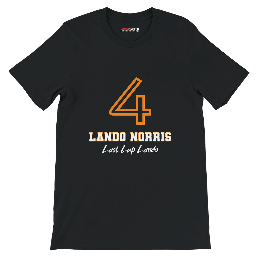 f111 merch black color t-shirt1 with lando-norris branding.