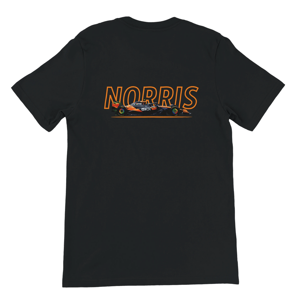 f111 merch black color t-shirt1 with lando-norris branding.