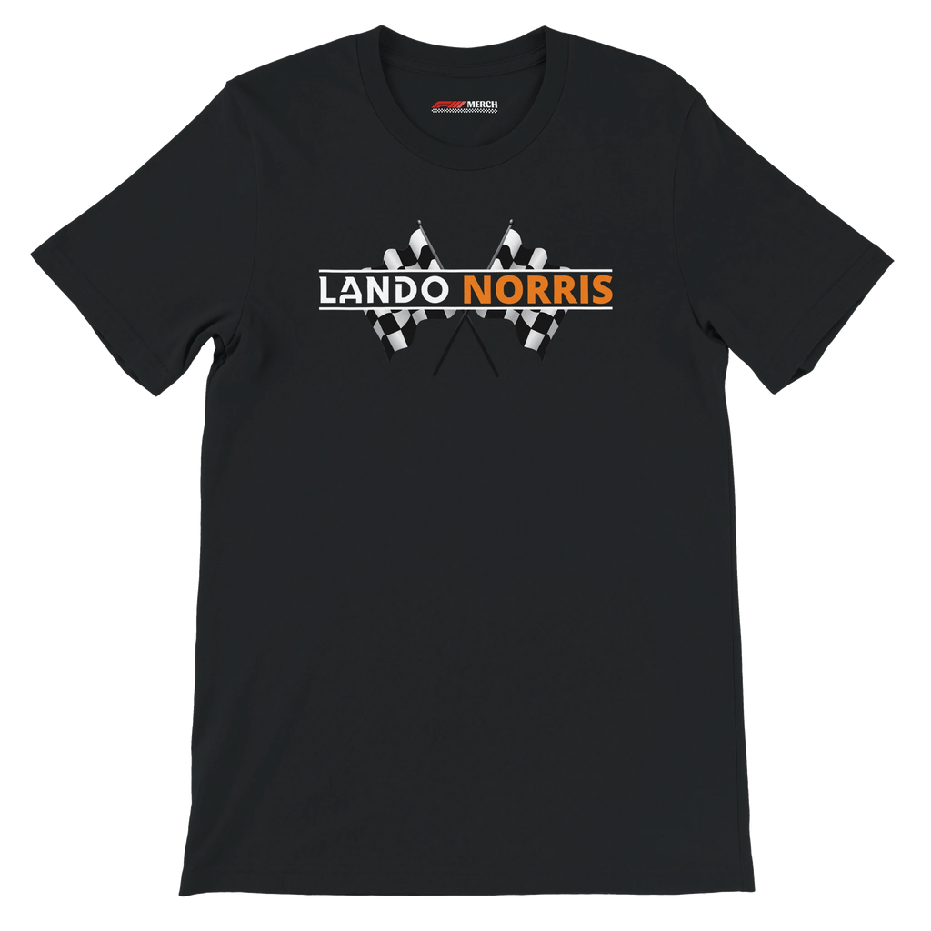 f111 merch black color t-shirt1 with lando-norris branding.