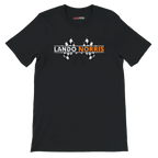 f111 merch black color t-shirt1 with lando-norris branding.