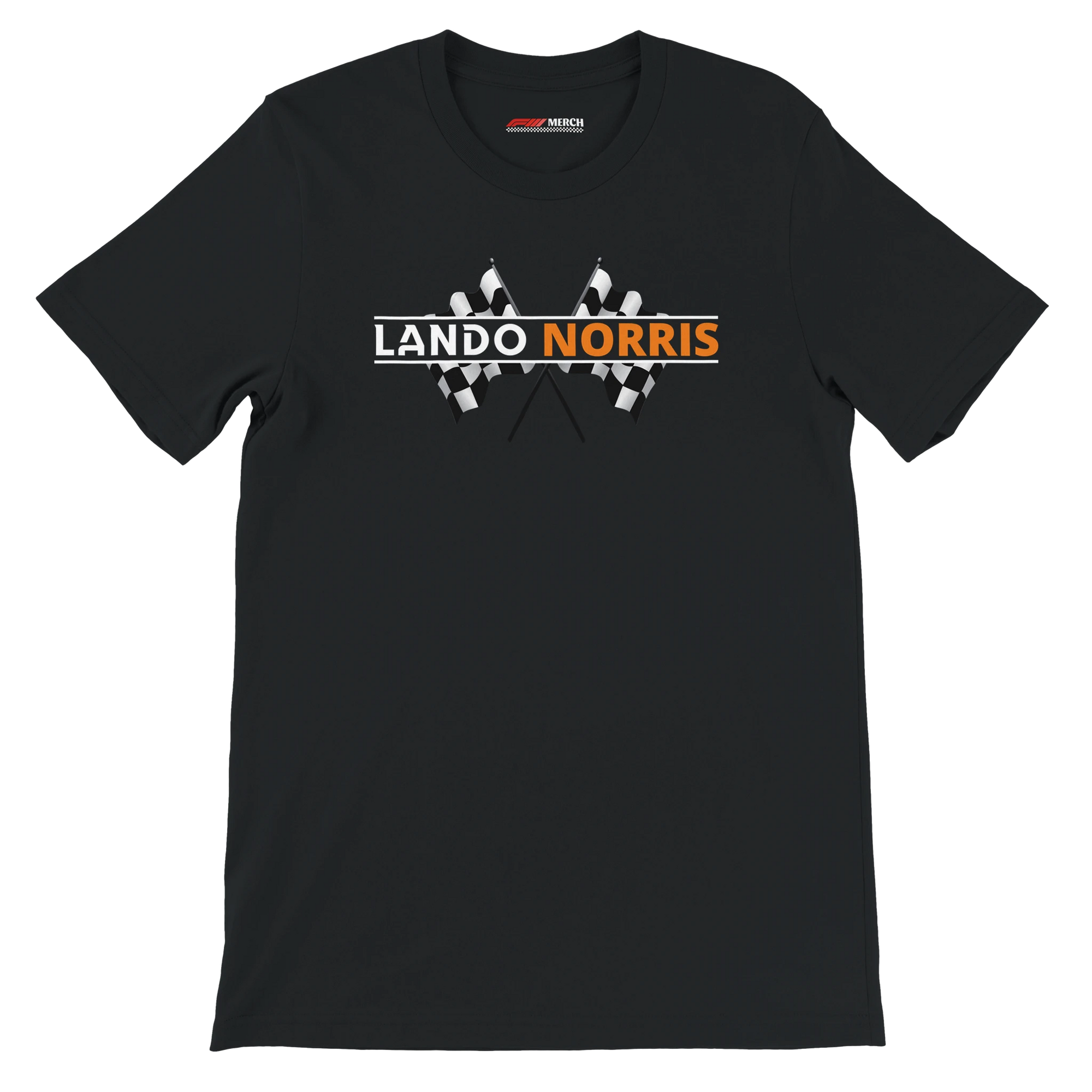 f111 merch black color t-shirt1 with lando-norris branding.