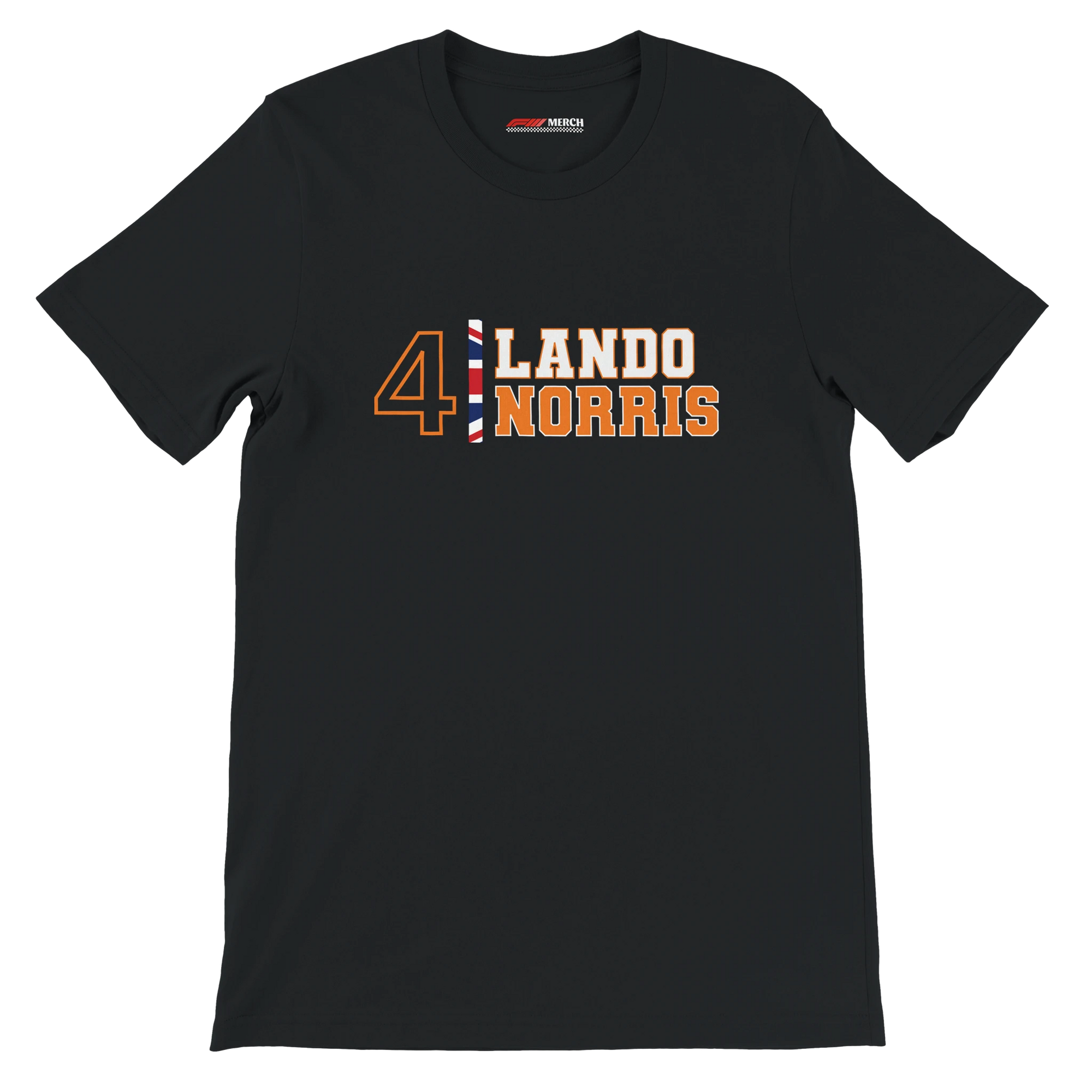 f111 merch black color t-shirt1 with lando-norris branding.
