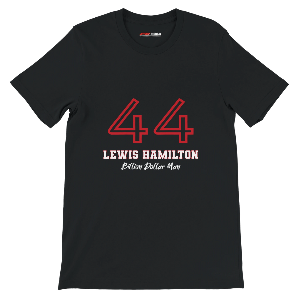 f111 merch black color t-shirt1 with lewis-hamilton branding.