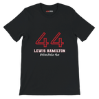 f111 merch black color t-shirt1 with lewis-hamilton branding.
