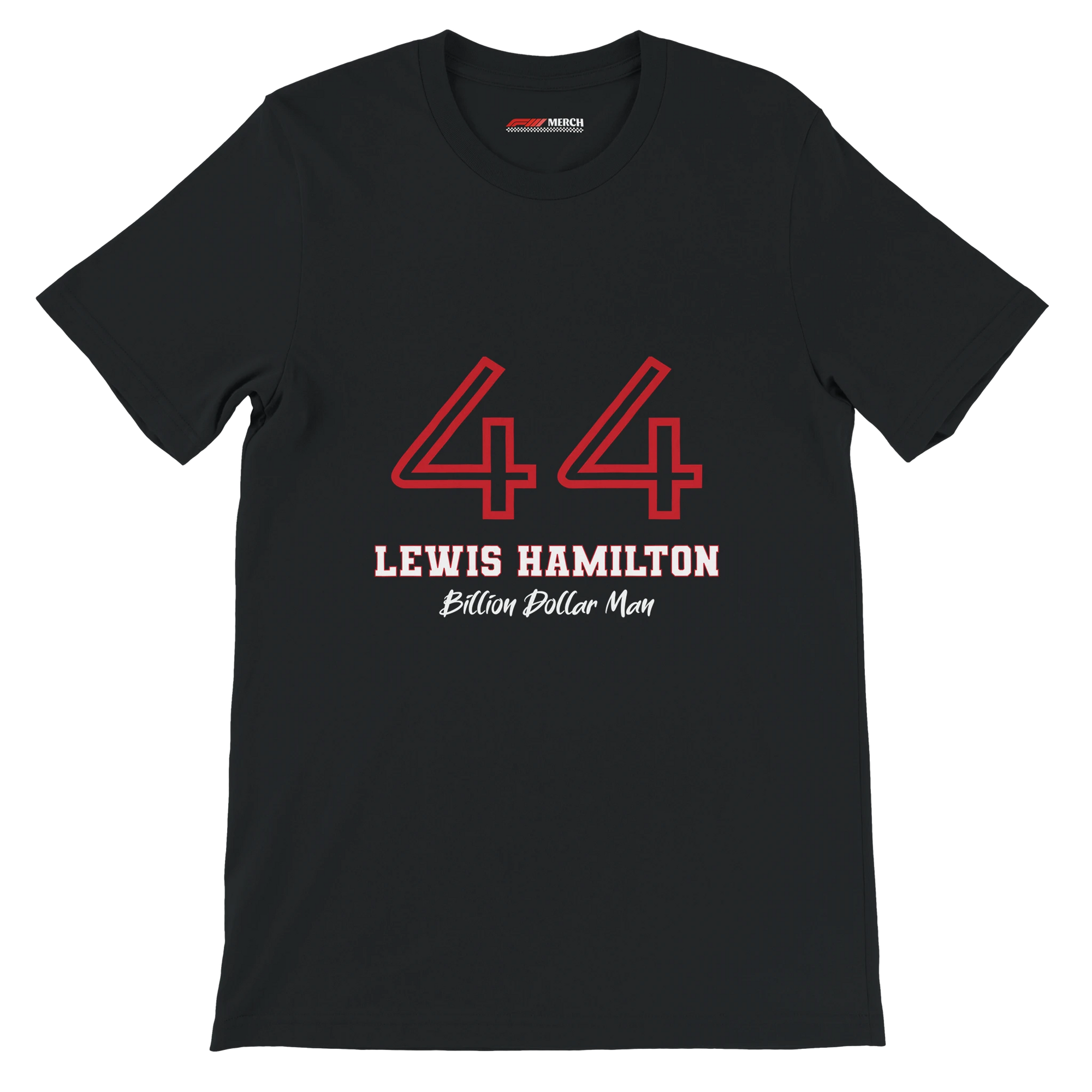 f111 merch black color t-shirt1 with lewis-hamilton branding.