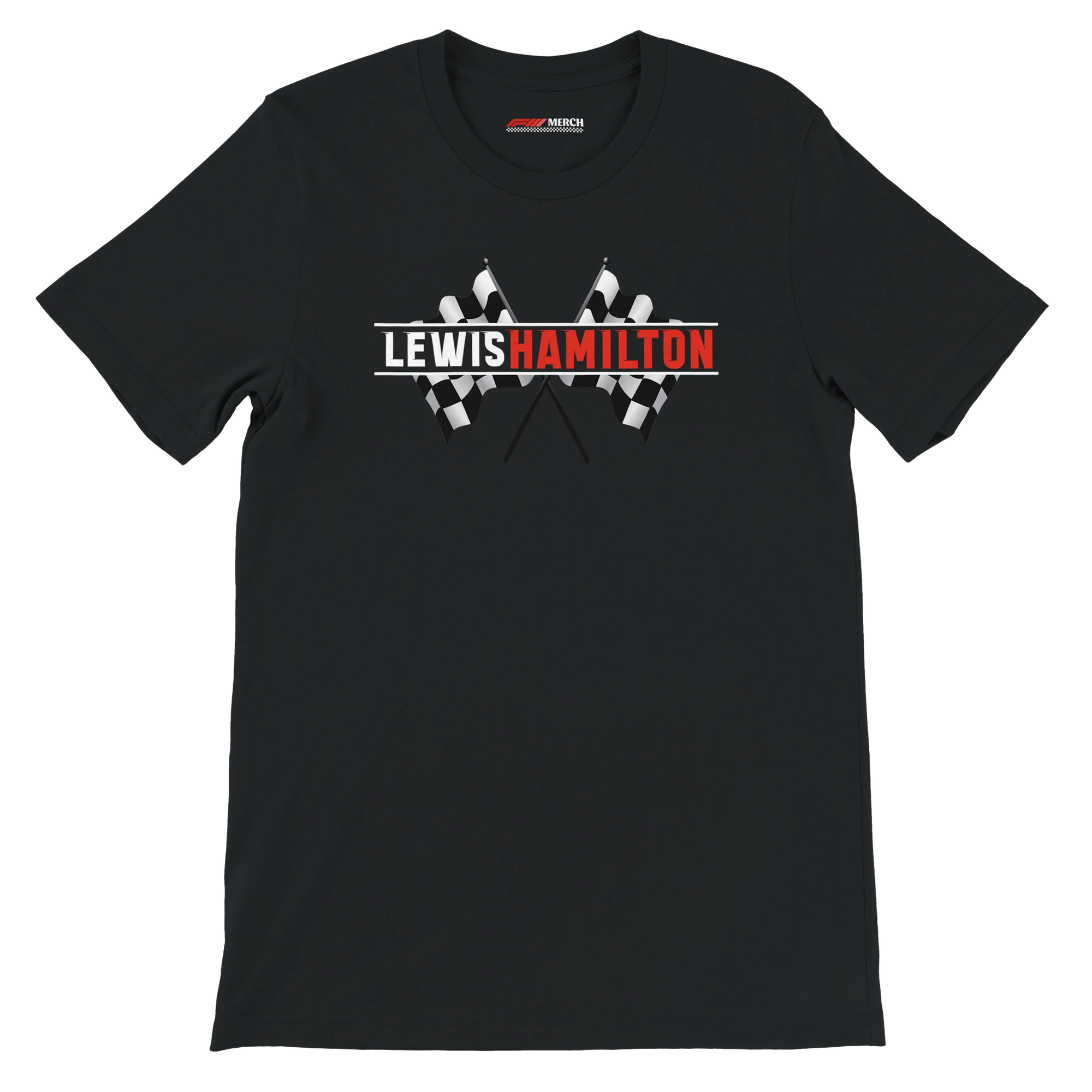 f111 merch black color t-shirt1 with lewis-hamilton branding.