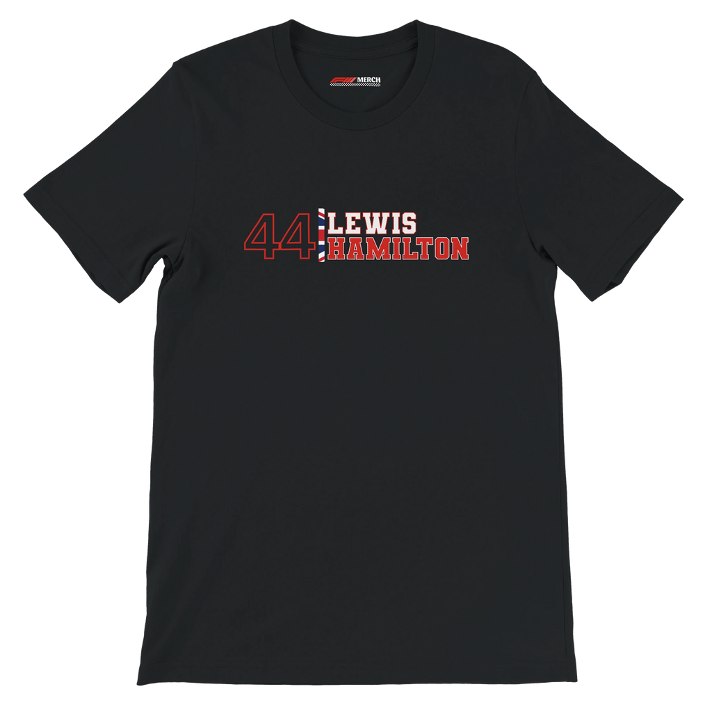 f111 merch black color t-shirt1 with lewis-hamilton branding.