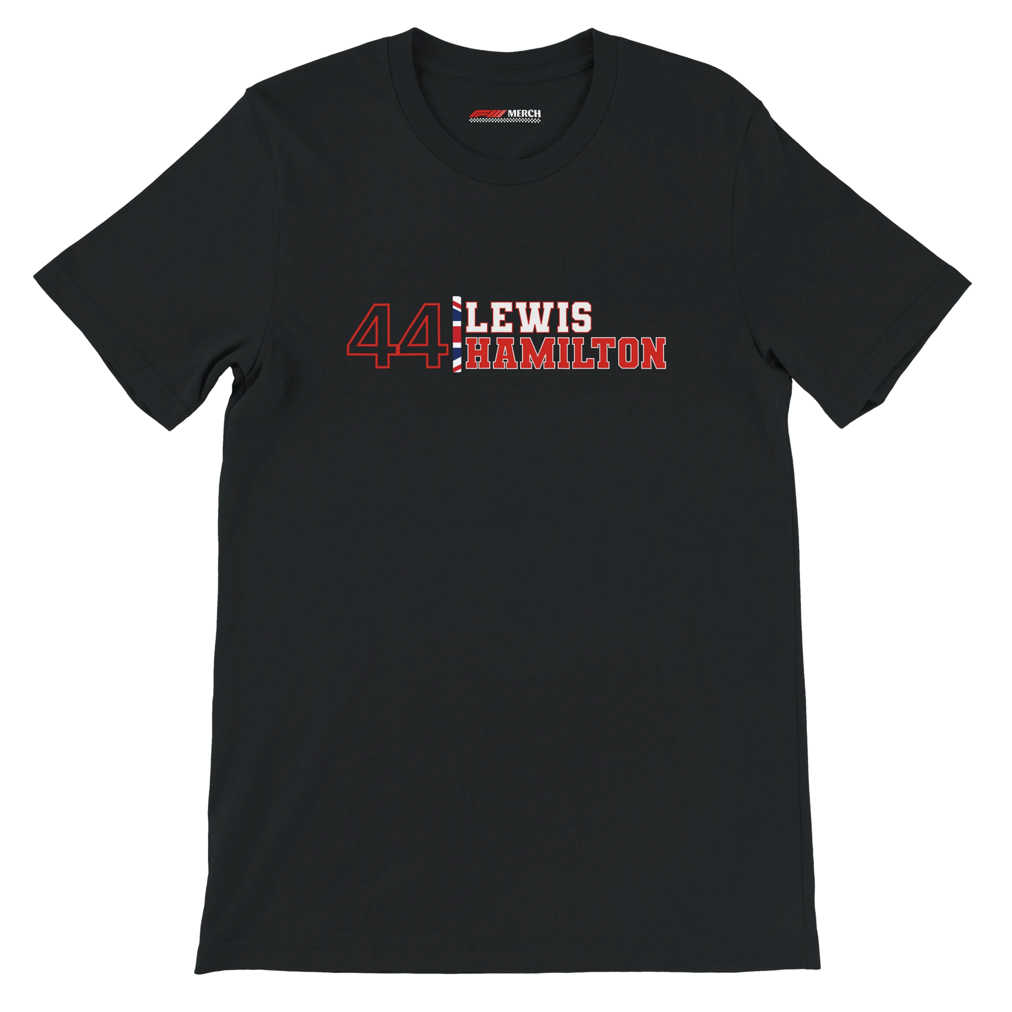 f111 merch black color t-shirt1 with lewis-hamilton branding.