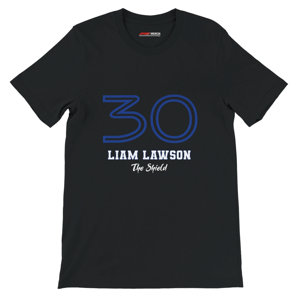 f111 merch black color t-shirt1 with liam-lawson branding.