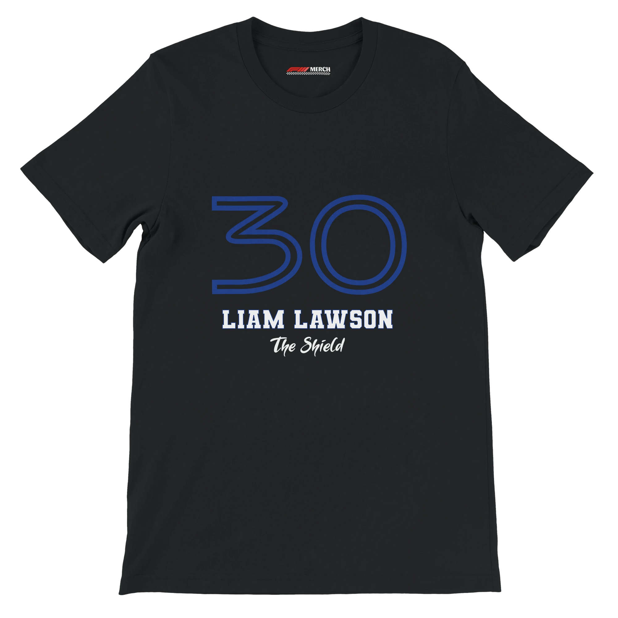 f111 merch black color t-shirt1 with liam-lawson branding.