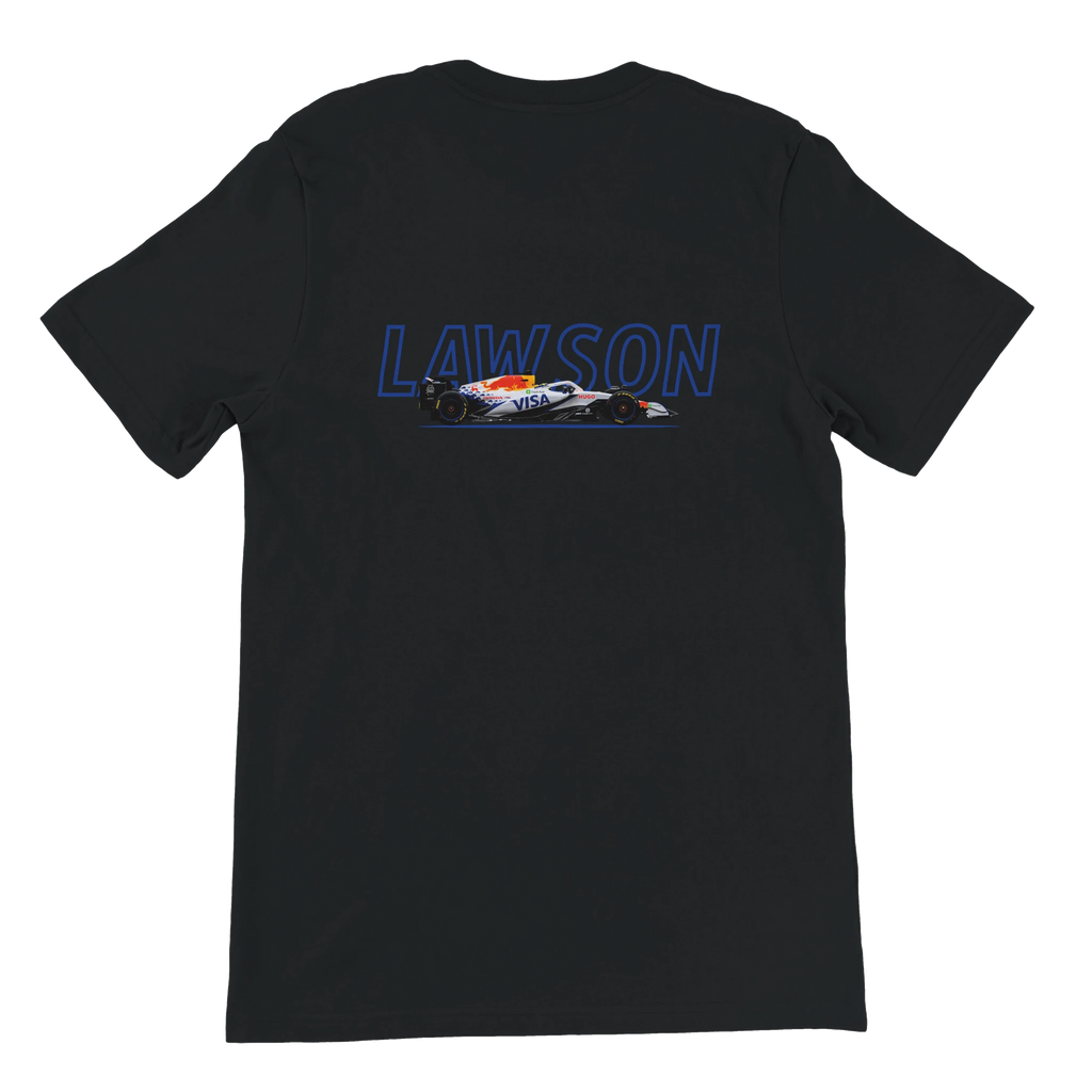 f111 merch black color t-shirt1 with liam-lawson branding.