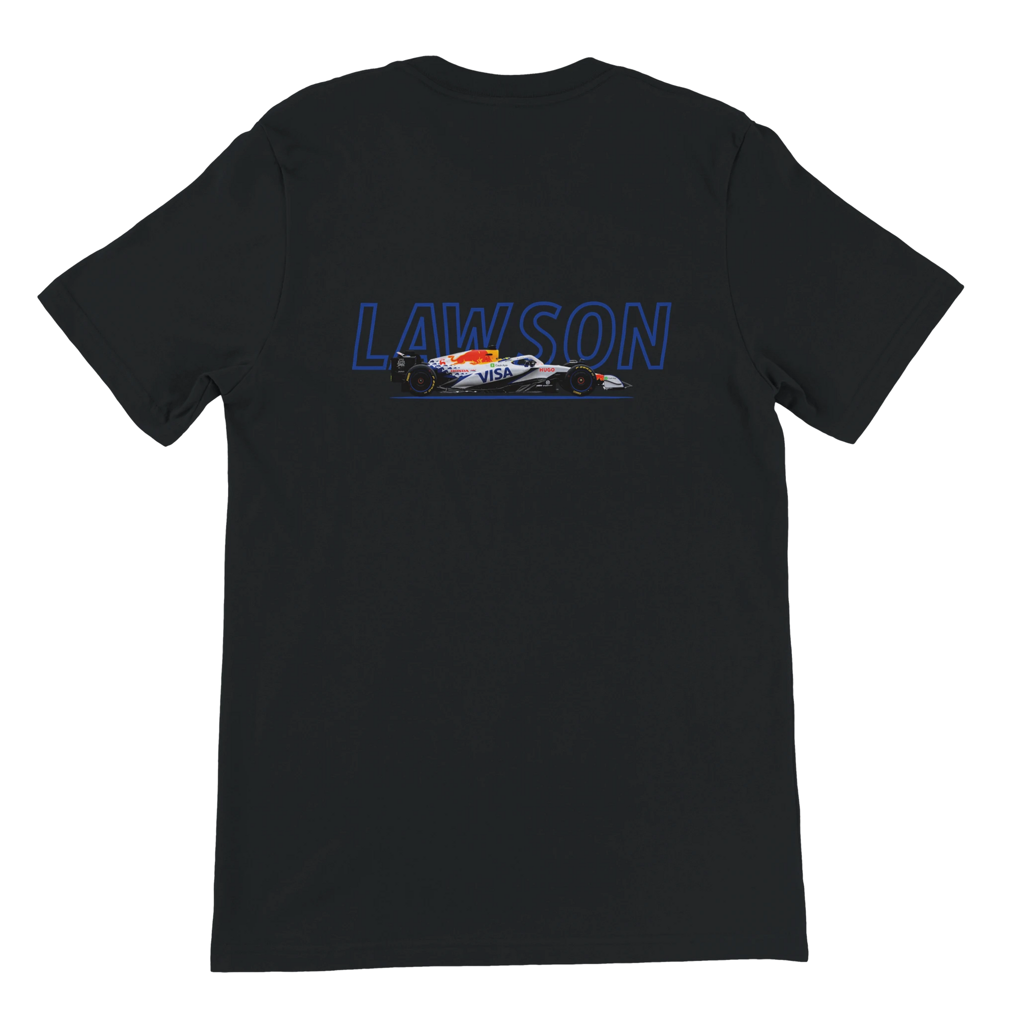 f111 merch black color t-shirt1 with liam-lawson branding.