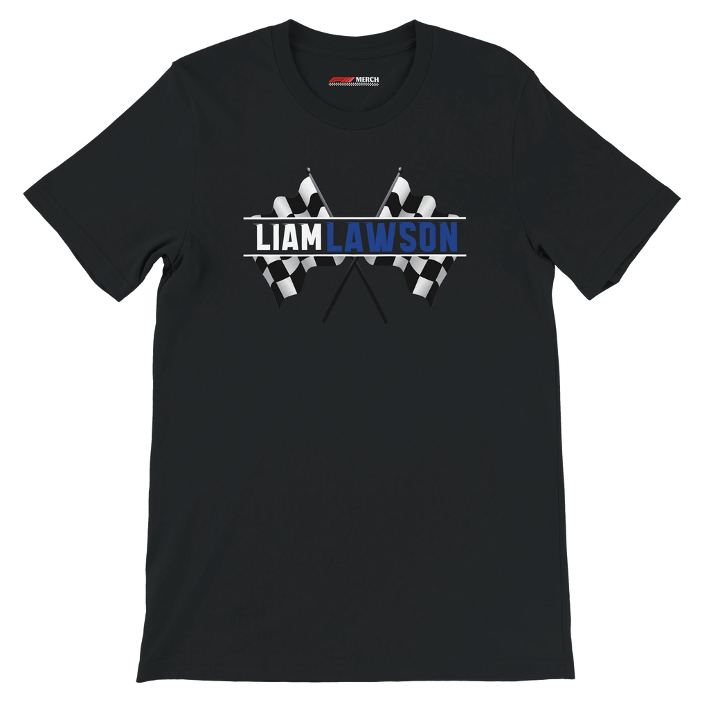 f111 merch black color t-shirt1 with liam-lawson branding.