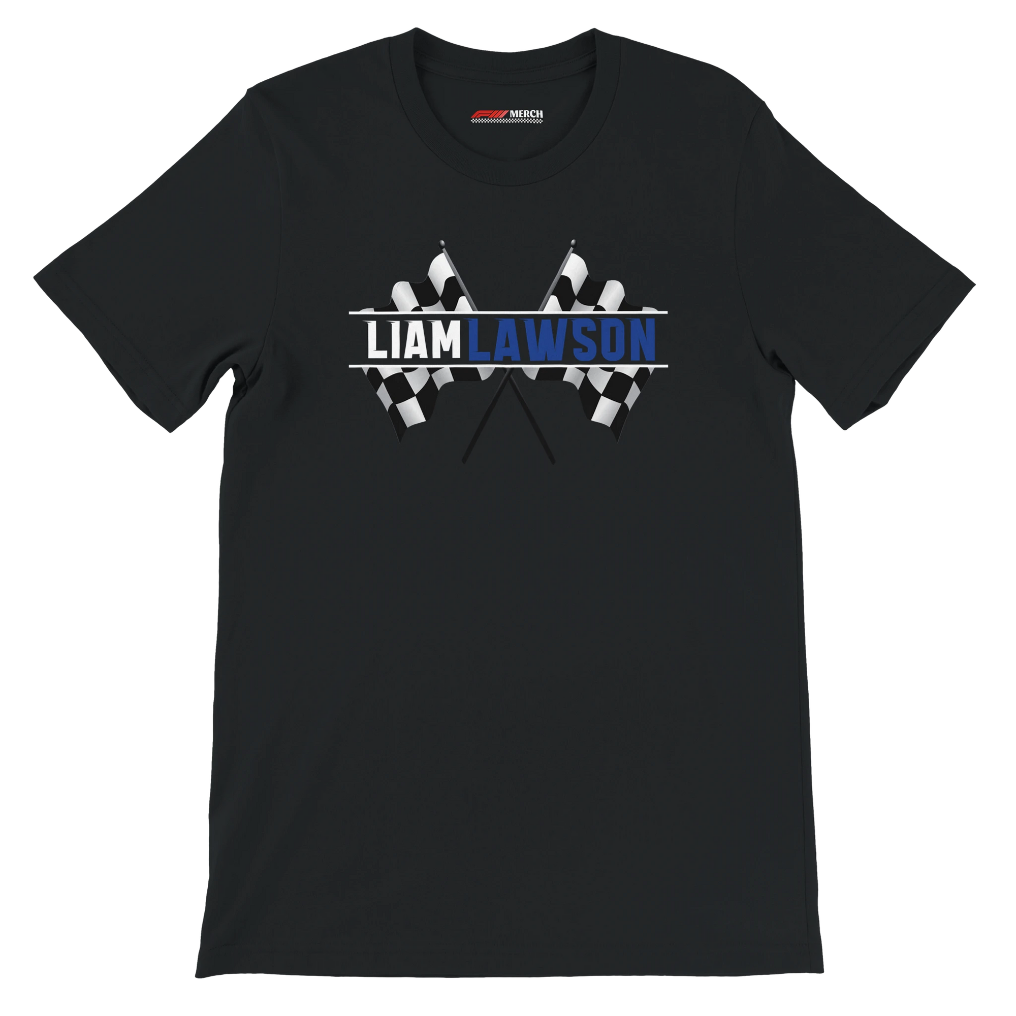 f111 merch black color t-shirt1 with liam-lawson branding.
