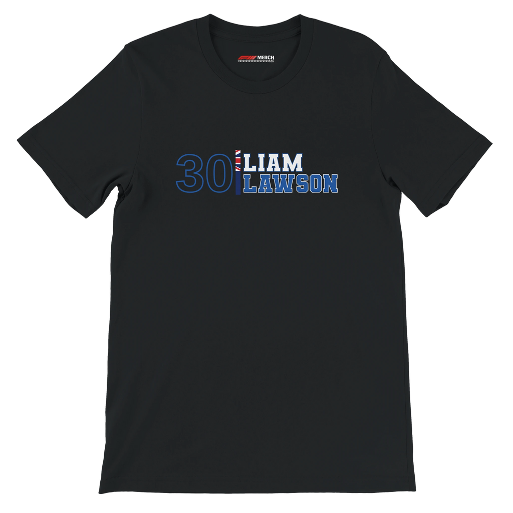 f111 merch black color t-shirt1 with liam-lawson branding.