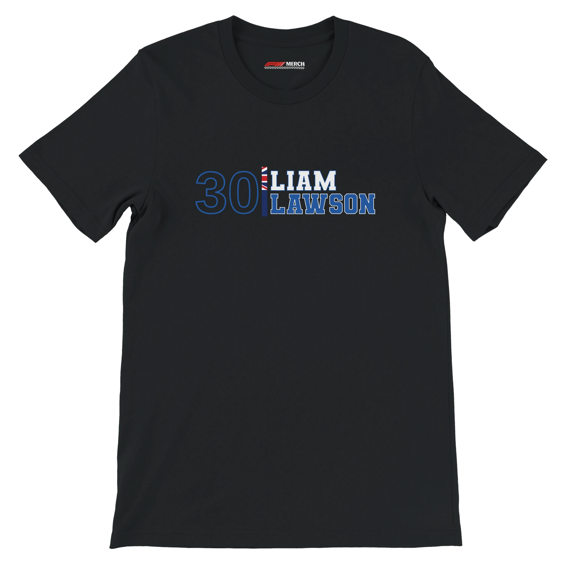 f111 merch black color t-shirt1 with liam-lawson branding.