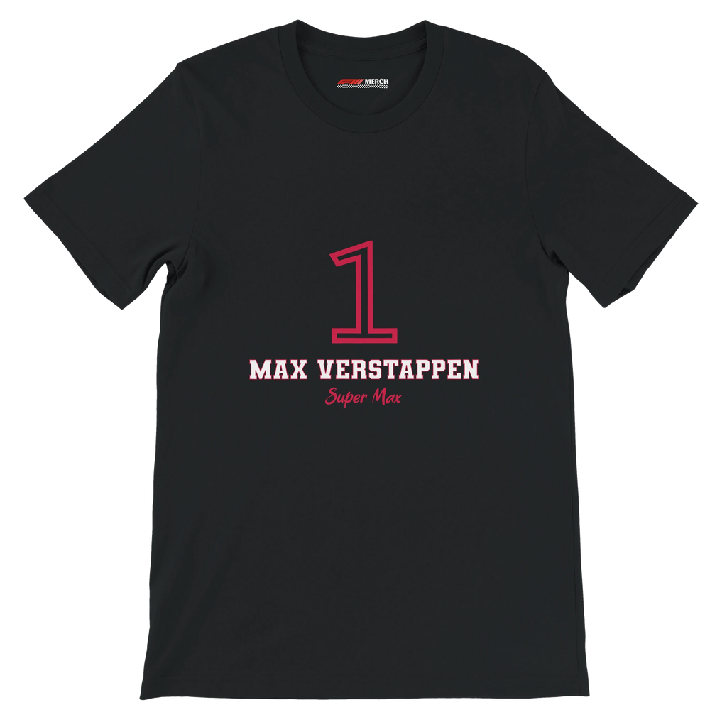 f111 merch black color t-shirt1 with max-verstappen branding.