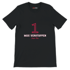 f111 merch black color t-shirt1 with max-verstappen branding.