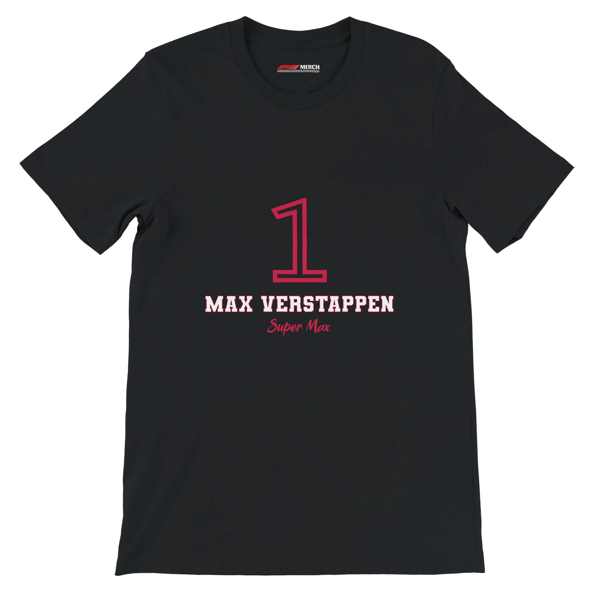 f111 merch black color t-shirt1 with max-verstappen branding.
