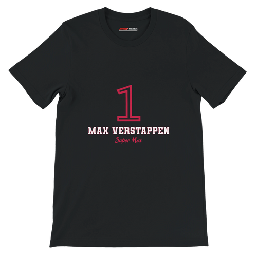 f111 merch black color t-shirt1 with max-verstappen branding.