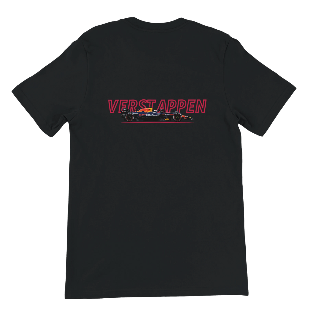 f111 merch black color t-shirt1 with max-verstappen branding.