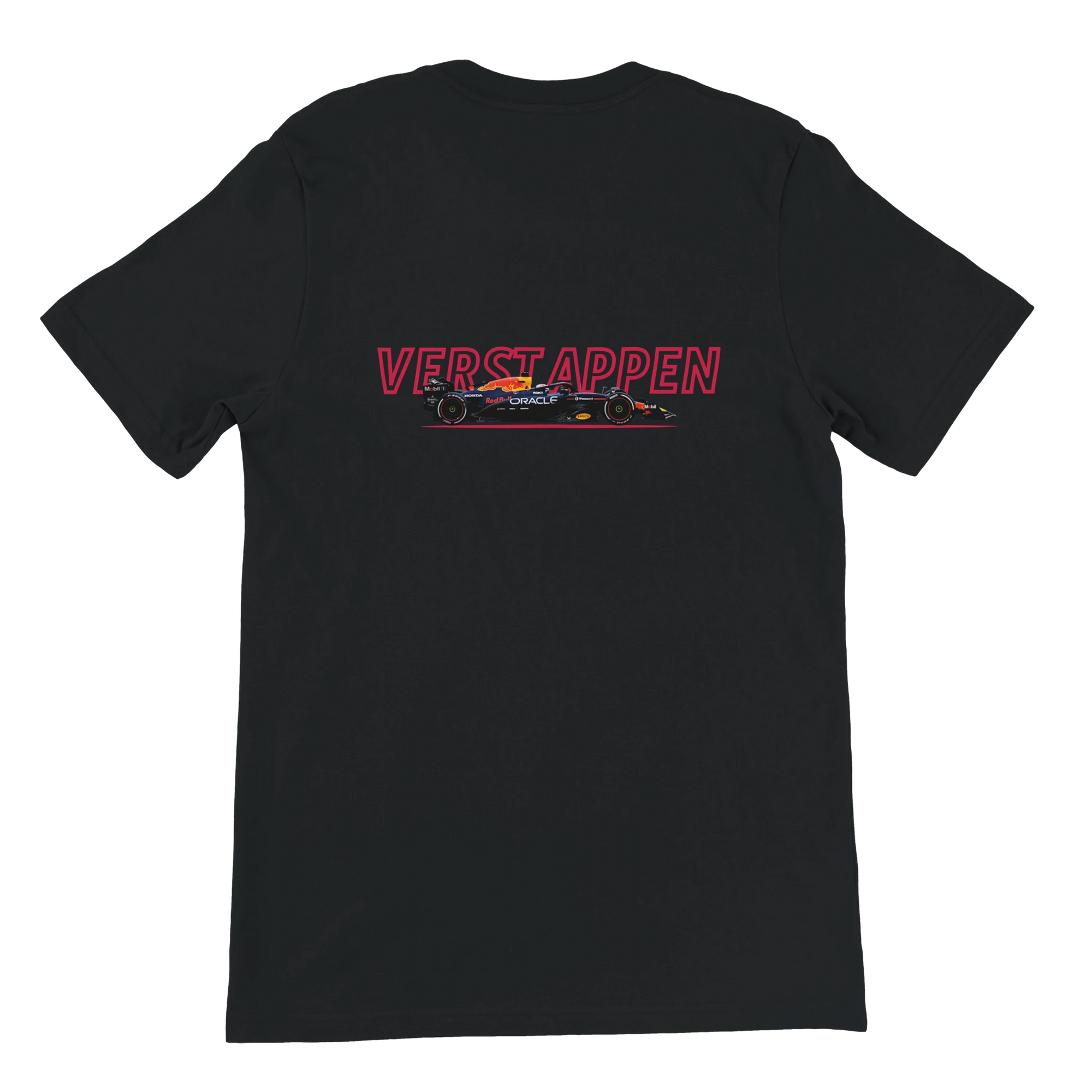f111 merch black color t-shirt1 with max-verstappen branding.