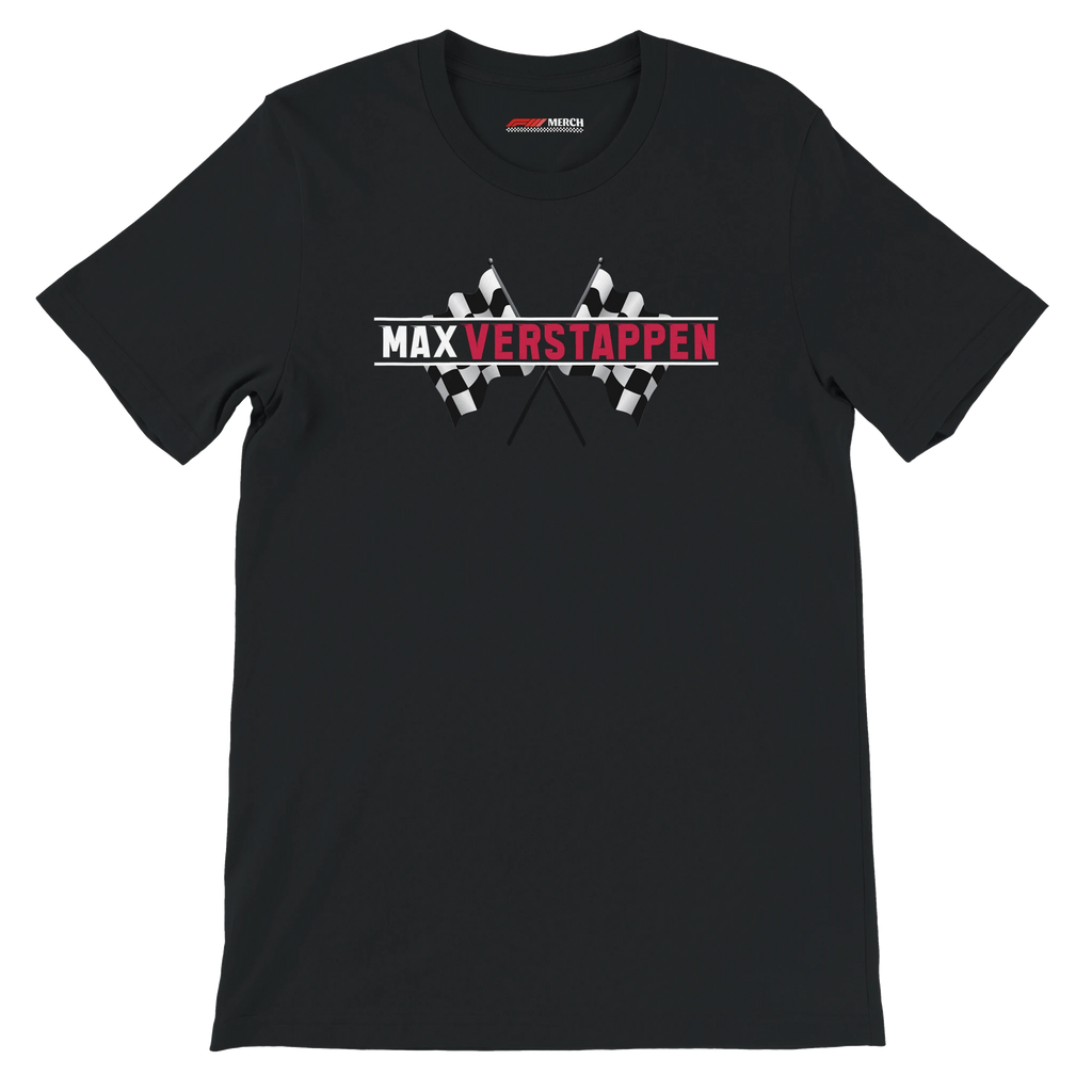 f111 merch black color t-shirt1 with max-verstappen branding.