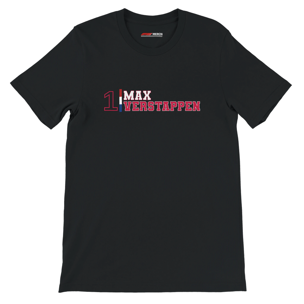 f111 merch black color t-shirt1 with max-verstappen branding.