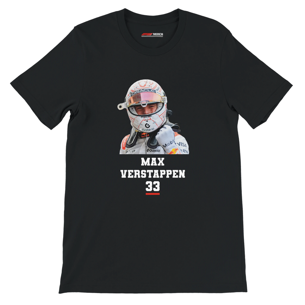 f111 merch black color t-shirt1 with max-verstappen branding.