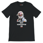 f111 merch black color t-shirt1 with max-verstappen branding.