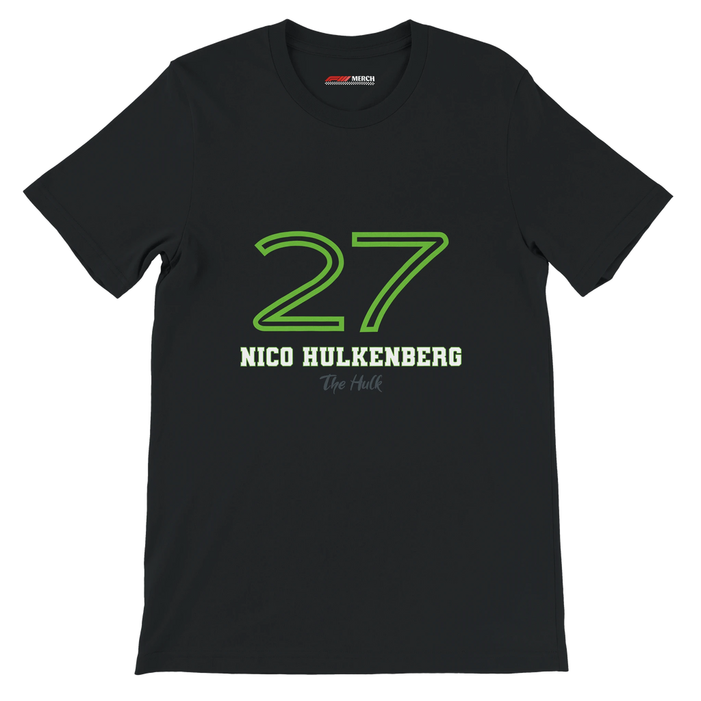 f111 merch black color t-shirt1 with nico-hulkenberg branding.