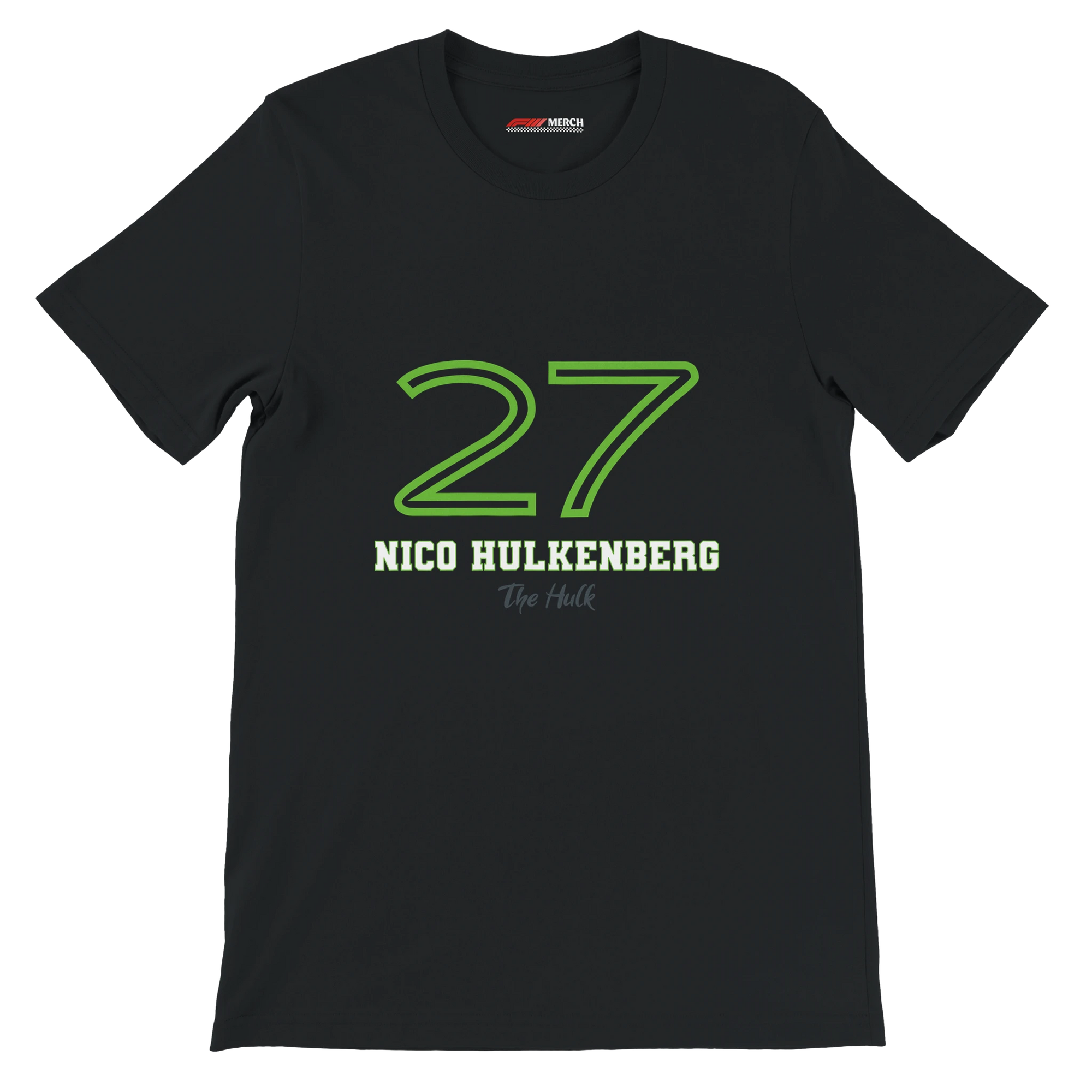 f111 merch black color t-shirt1 with nico-hulkenberg branding.