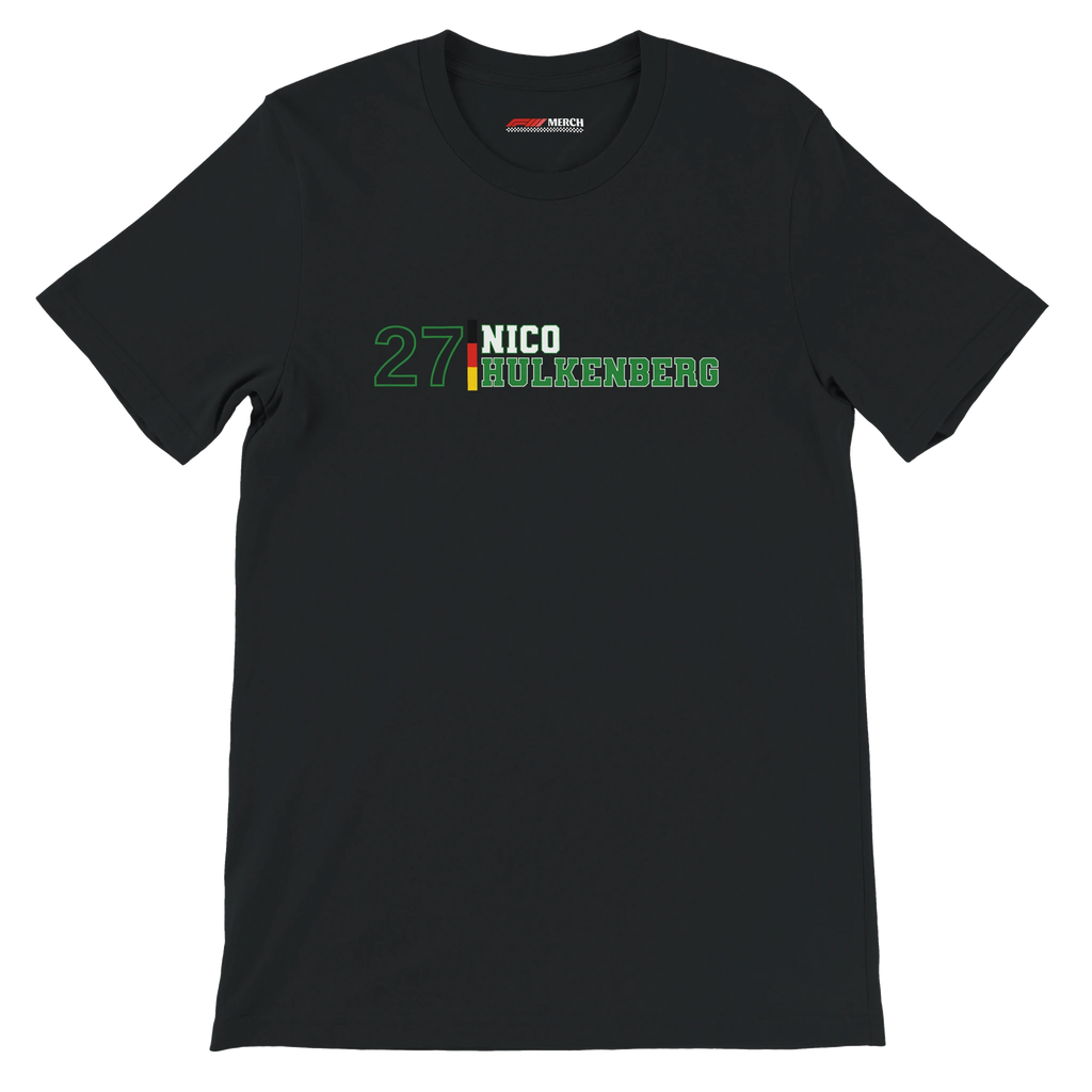 f111 merch black color t-shirt1 with nico-hulkenberg branding.