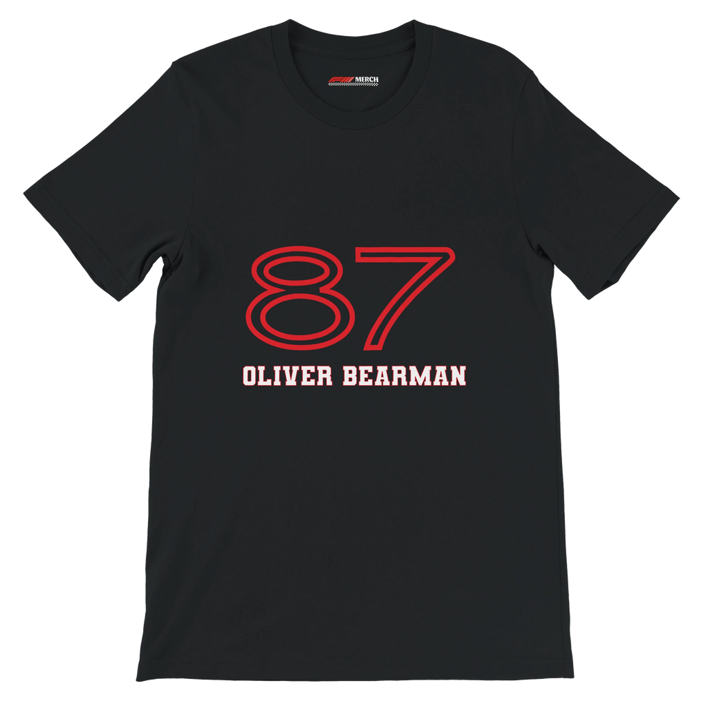 f111 merch black color t-shirt1 with oliver-bearman branding.