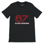 f111 merch black color t-shirt1 with oliver-bearman branding.