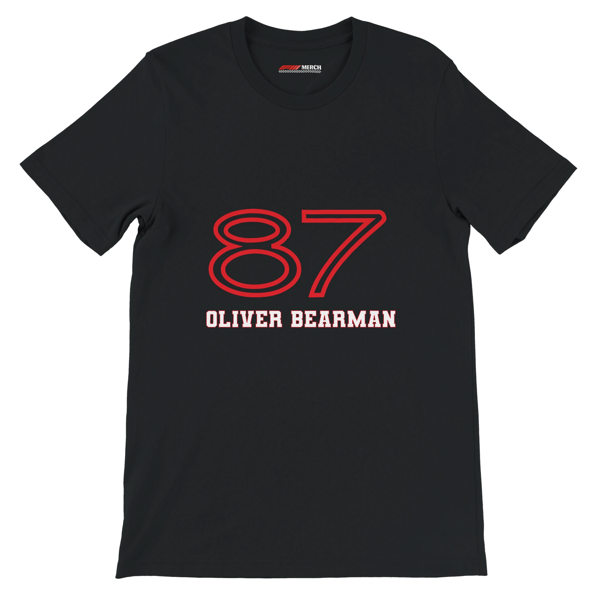 f111 merch black color t-shirt1 with oliver-bearman branding.