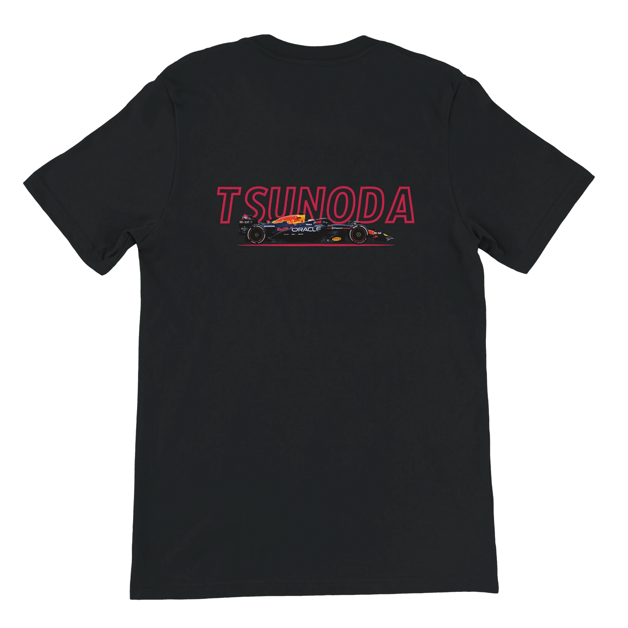 f111 merch black color t-shirt1 with yuki-tsunoda branding.