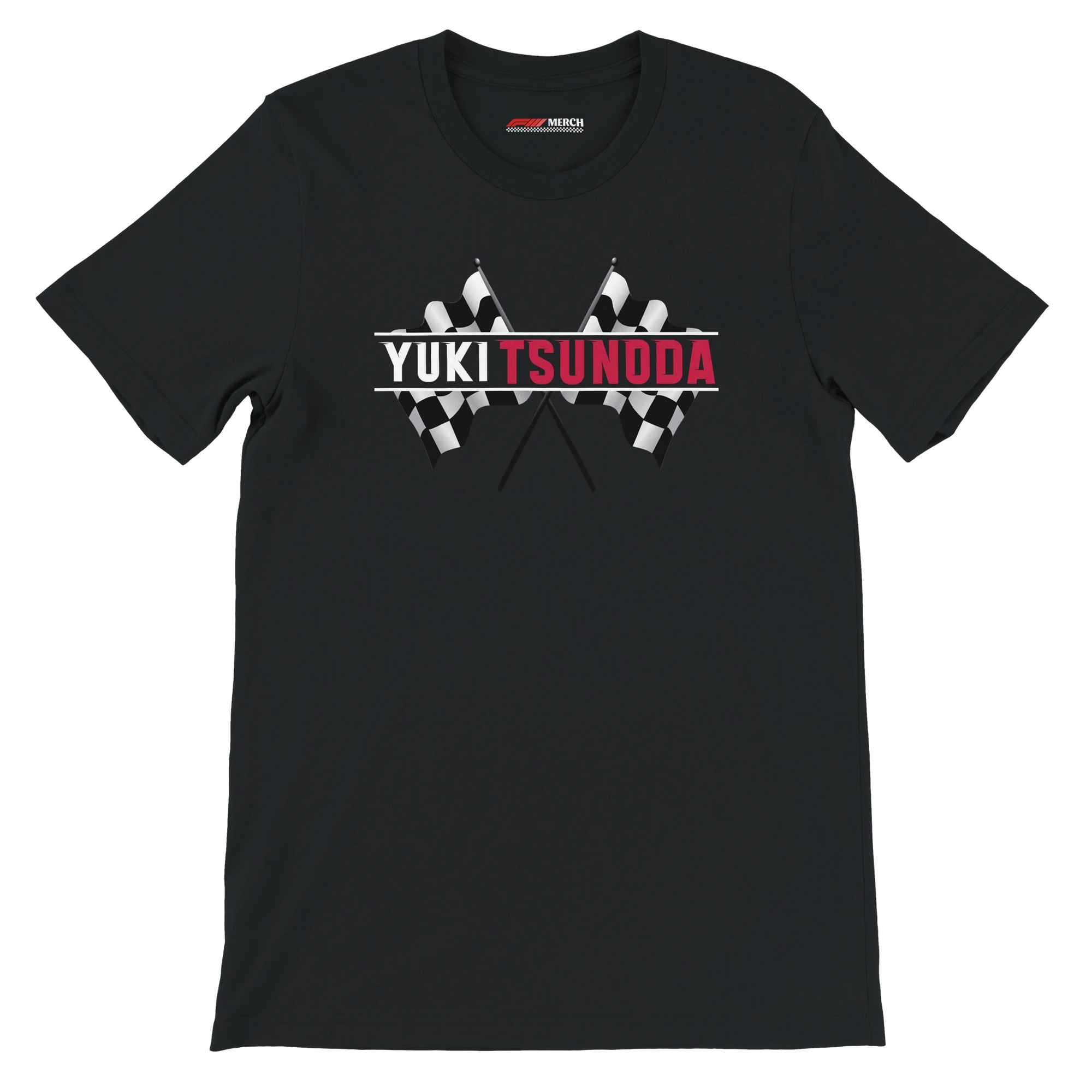 f111 merch black color t-shirt1 with yuki-tsunoda branding.