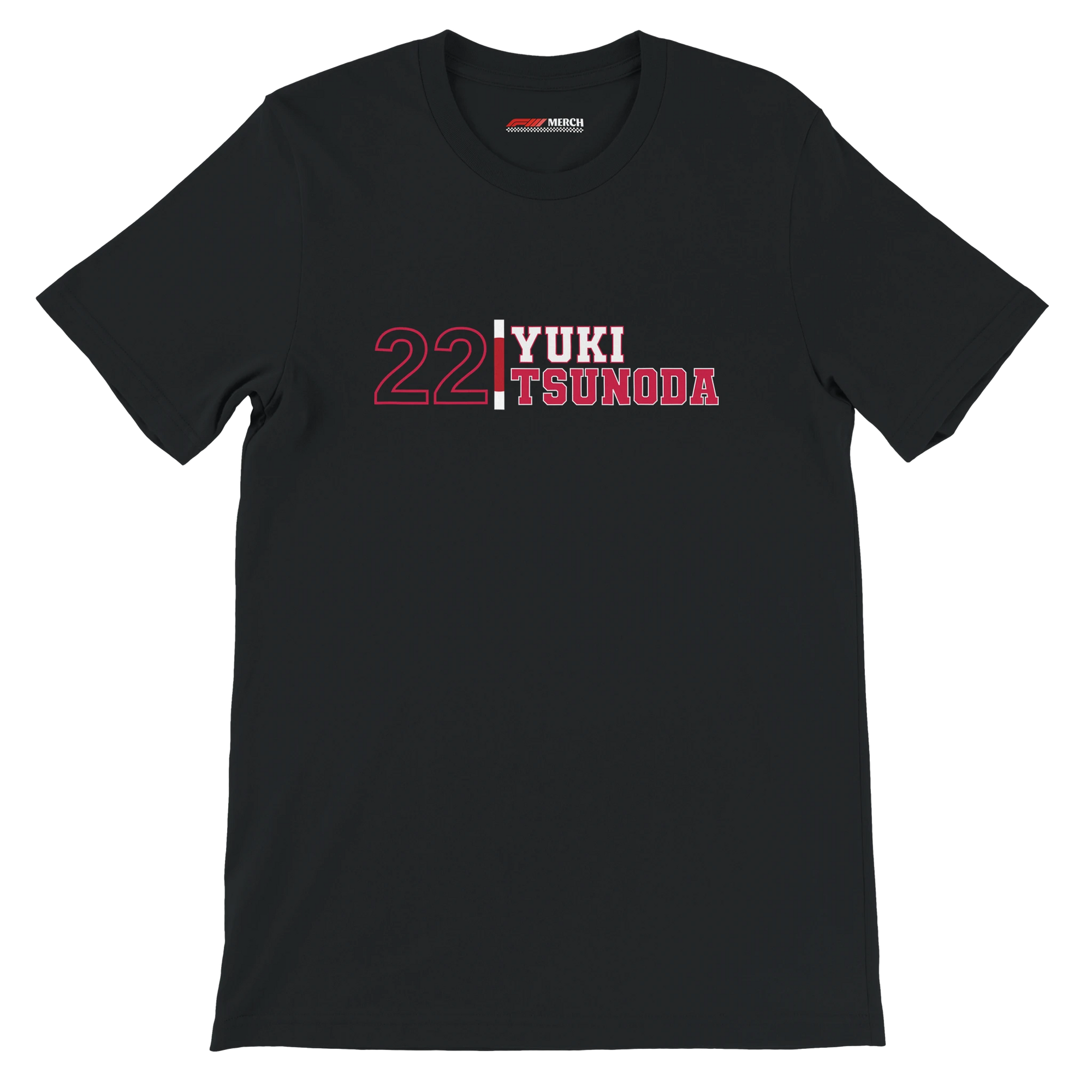 f111 merch black color t-shirt1 with yuki-tsunoda branding.
