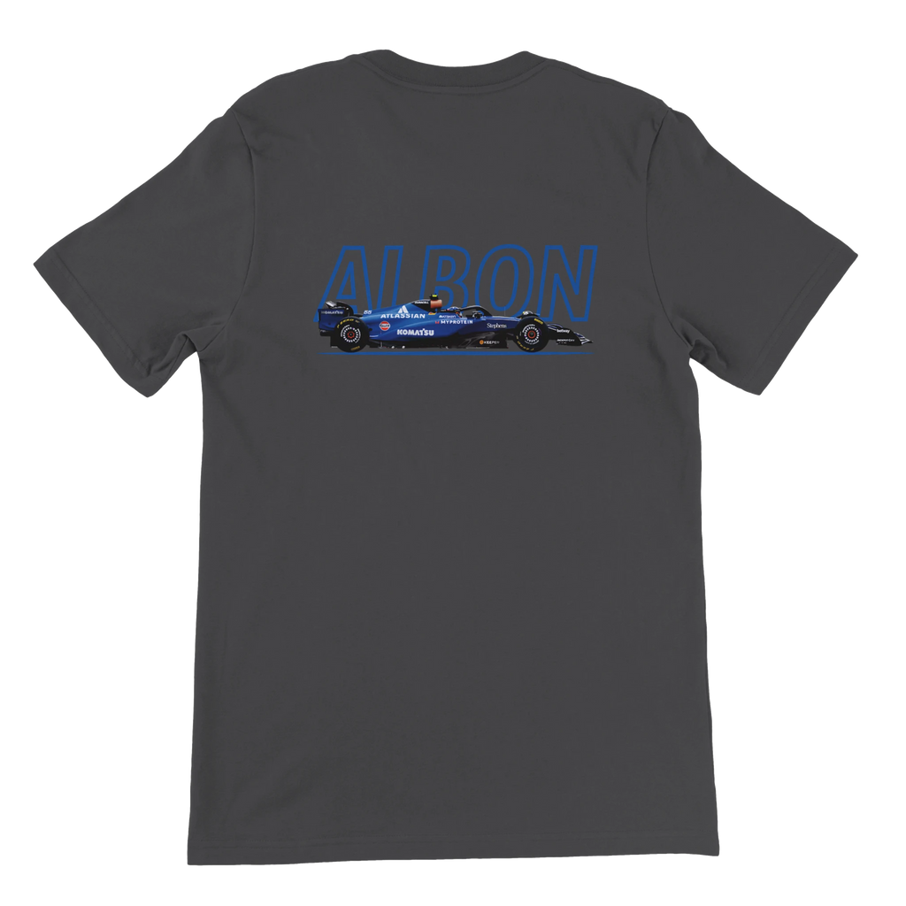 f111 merch dark-grey color t-shirt1 with alex-albon branding.