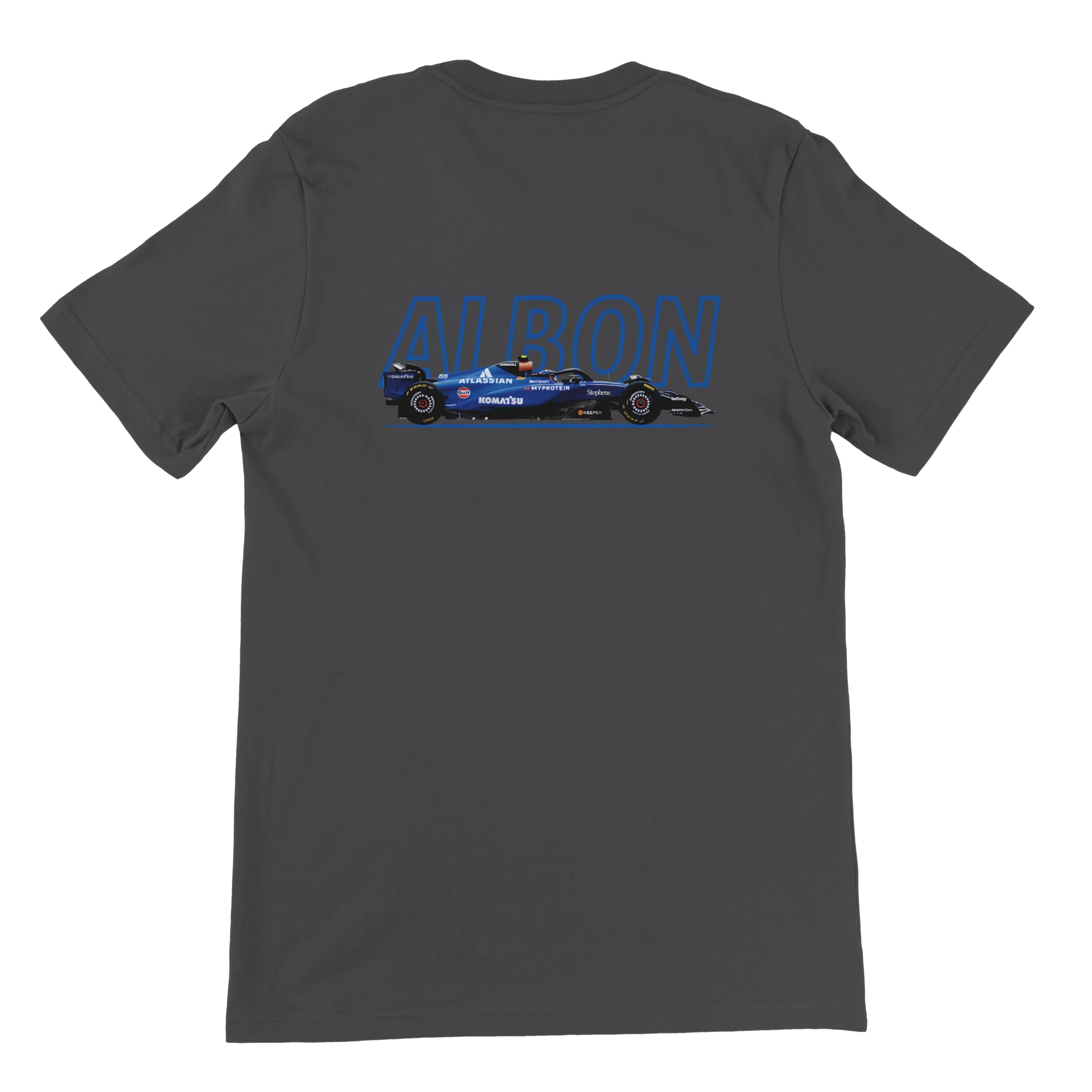 f111 merch dark-grey color t-shirt1 with alex-albon branding.