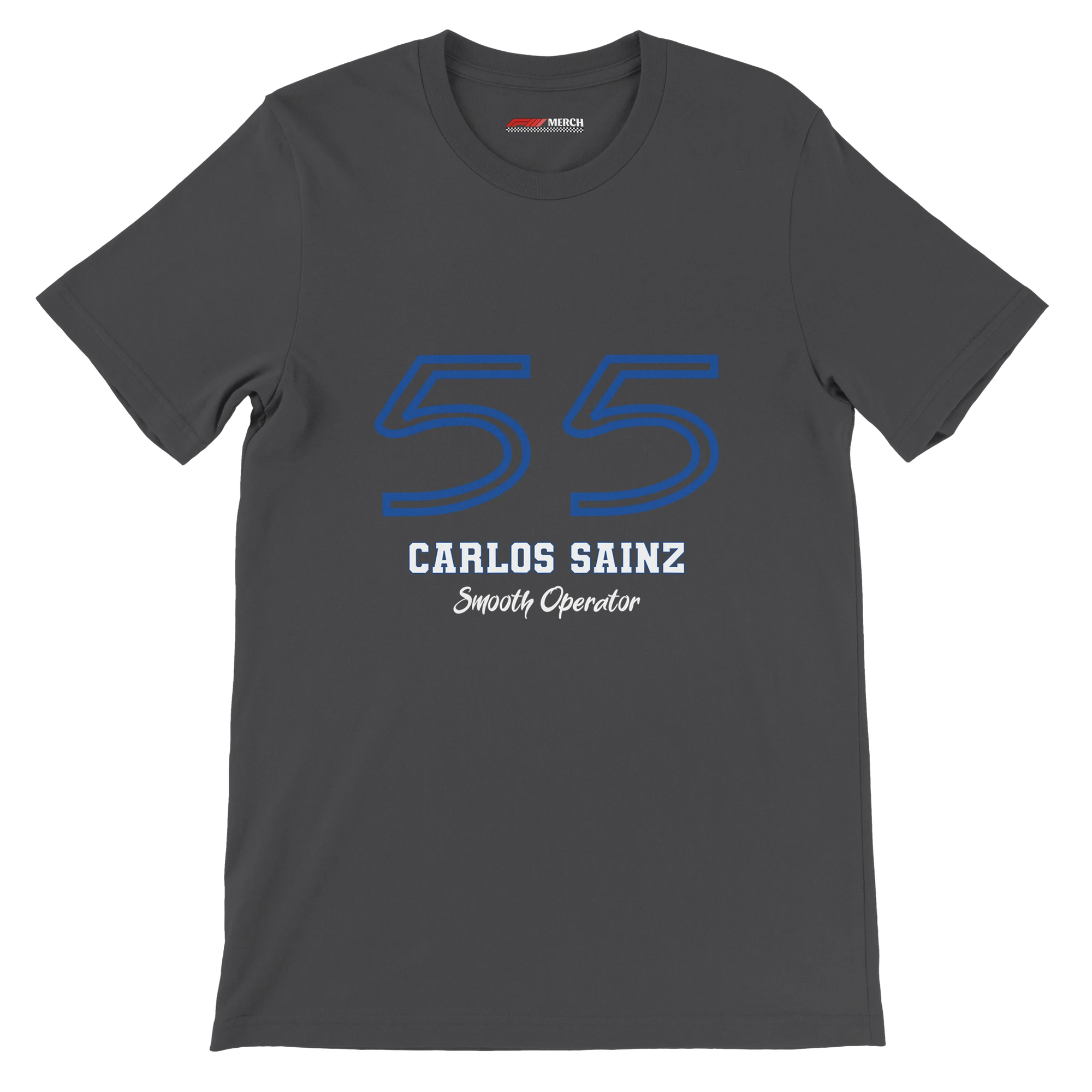 f111 merch dark-grey color t-shirt1 with carlos-sainz branding.