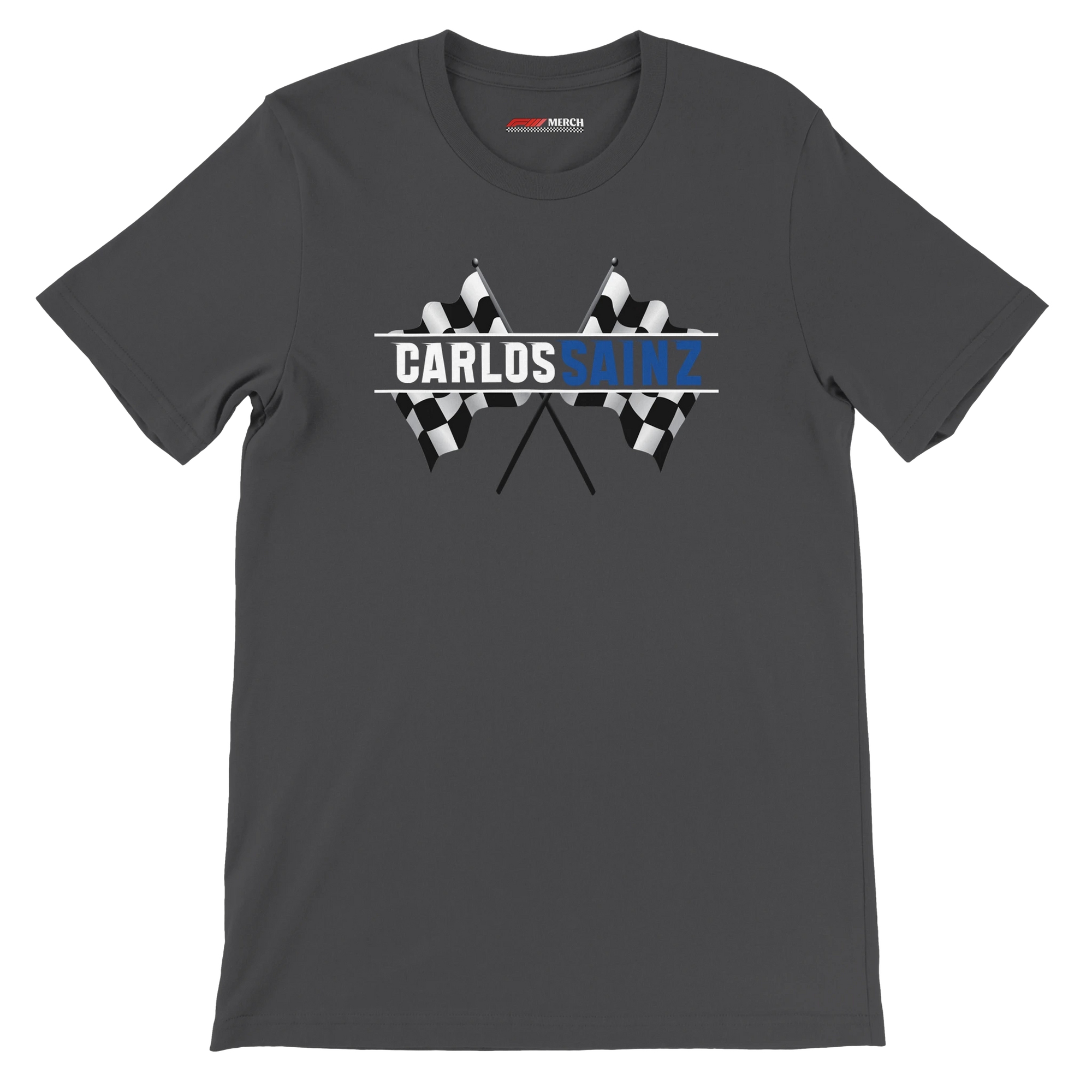 f111 merch dark-grey color t-shirt1 with carlos-sainz branding.