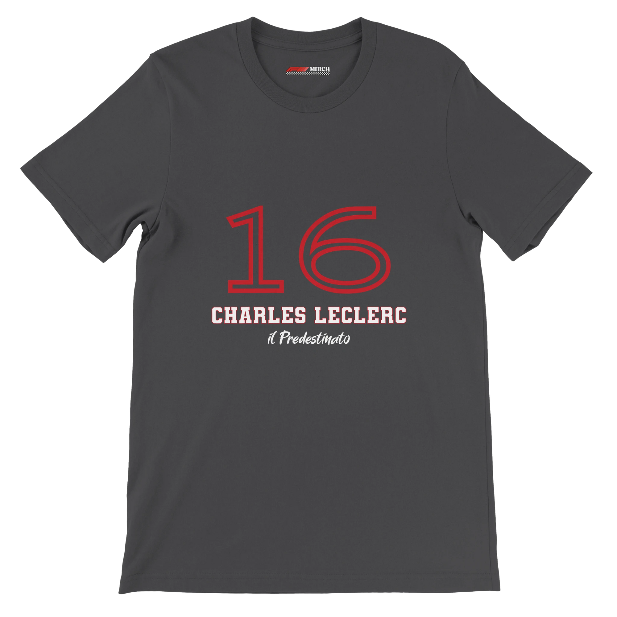 f111 merch dark-grey color t-shirt1 with charles-leclerc branding.
